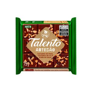 Chocolate Talento Artesão Castanha de Caju, Castanha do Pará e Nibs de Cacau 75g