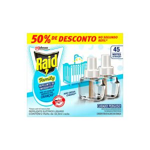 Refil Elétrico Raid 45 Noites Family 32,9ml com 50% Desconto na Segunda Refil 2un