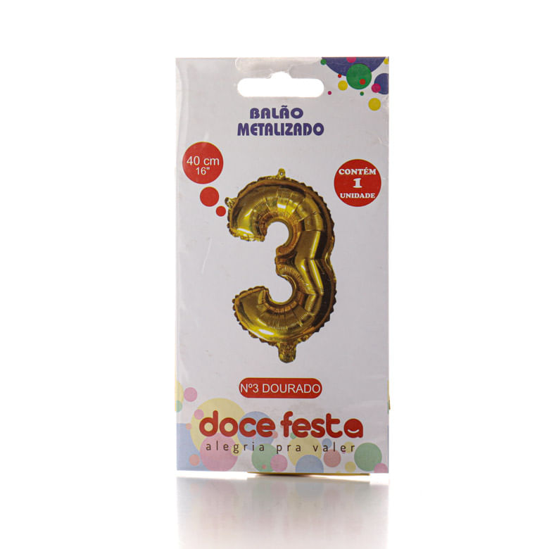 Balão Doce Festa Metalizado Número 3 Dourado 40cm