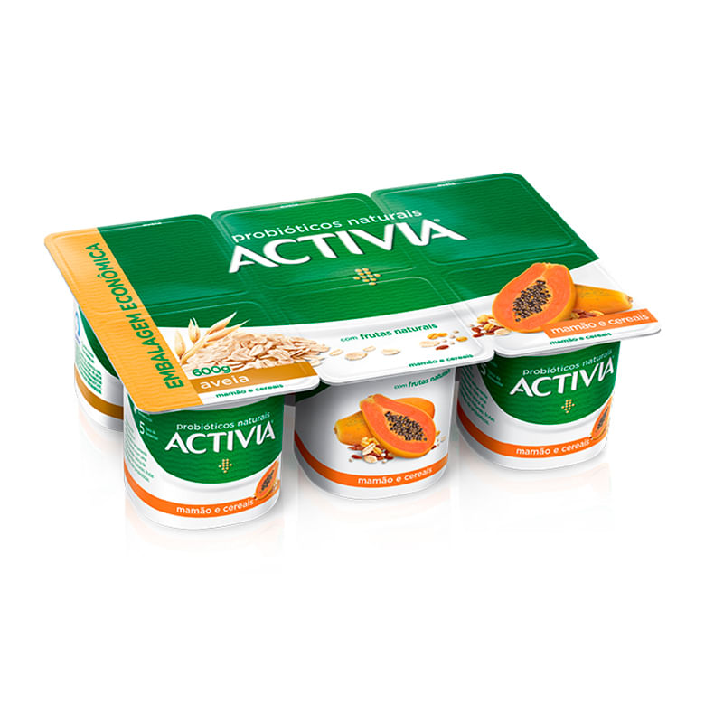 Leite Fermentado Activia Integral Aveia + Mamão e Cereais Bandeja 510gc/ 6 Unid