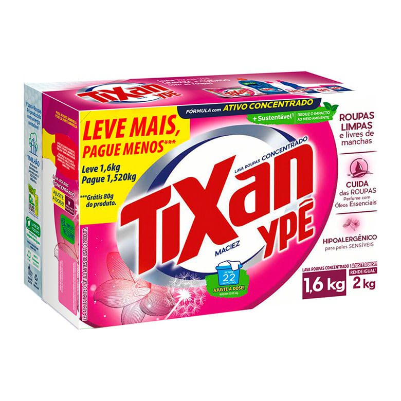 Lava-Roupas Pó Concentrado Maciez Tixan Ypê Caixa Leve 1,6kg Pague 1,52kg