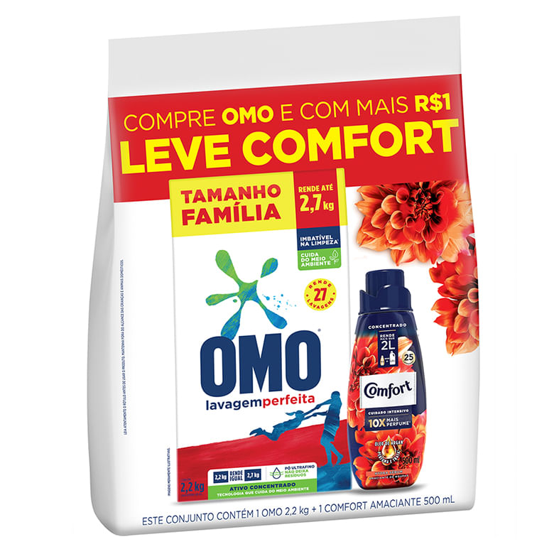 Detergente Pó Omo 2,2kg + Amaciante Concentrado Comfort 500ml - Covabra