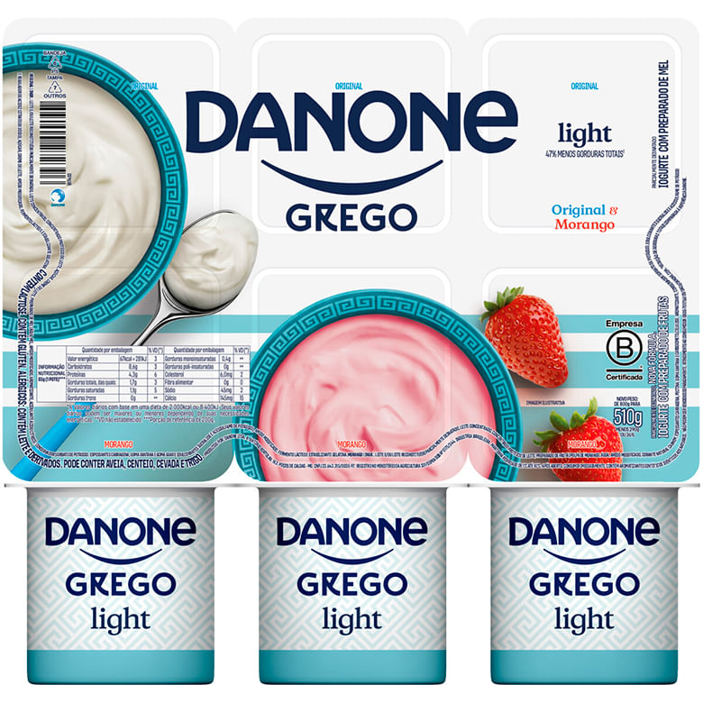 Iogurte Grego Light Danone Original e Morango Bandeja com 510g