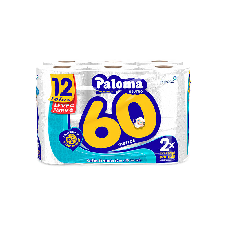 Papel Higiênico Paloma Neutro Lv+ Pg- com 12 Rolos 60m - Covabra