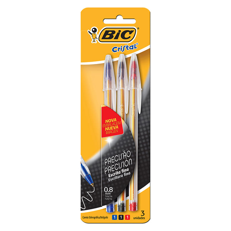 Caneta Bic Cristal Fina Az/Vm/Pt S2 3Unidades