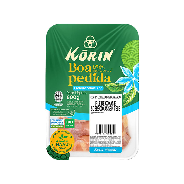 Filé de Coxa e Sobrecoxa de Frango Congelado sem Pele sem Osso Sustentável Livre de Transgênicos Korin 600g