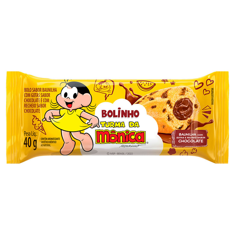 Bolinho Baunilha com Gotas de Chocolate e Recheio Chocolate Turma da Mônica Casa Suíça Pacote 40g