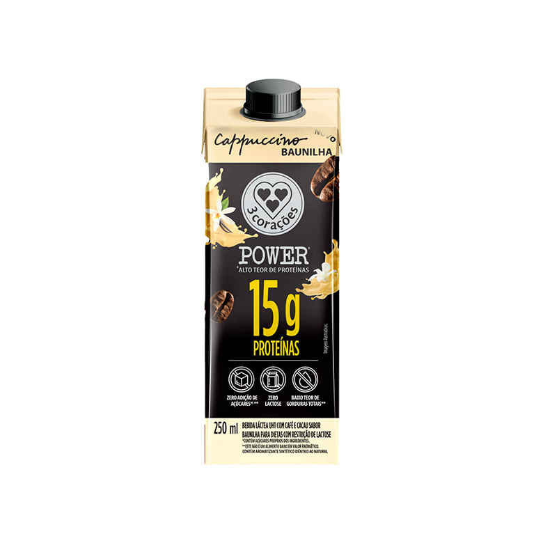 Bebida 3 Coracões Power Whey 15g Zero Açucar/Lactose Cappuccino Baunilha 250ml